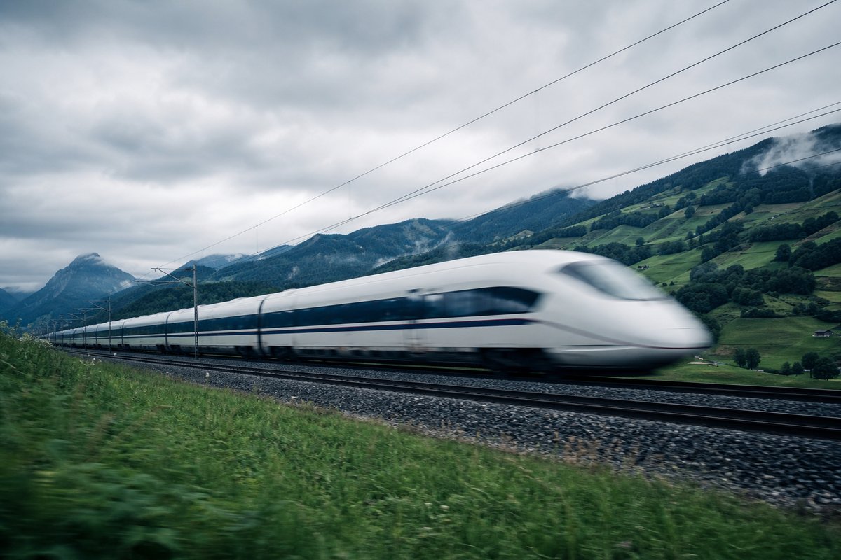 High-speed train passing through a European landscape at dusk with motion blur